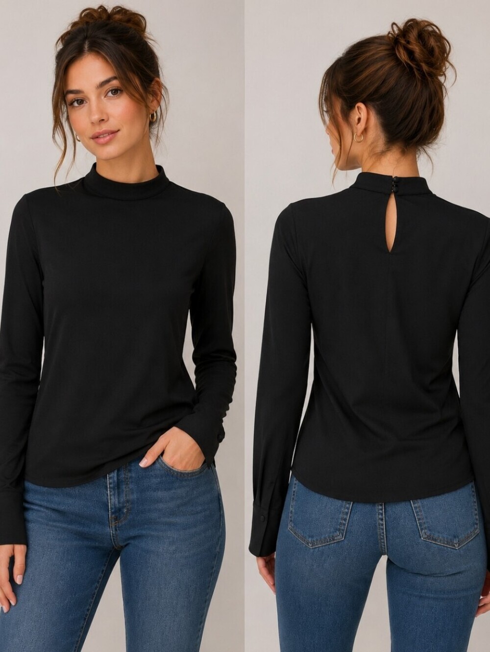 H&M Black Mock Neck Blouse Minimalist Long Sleeve Top Size 2